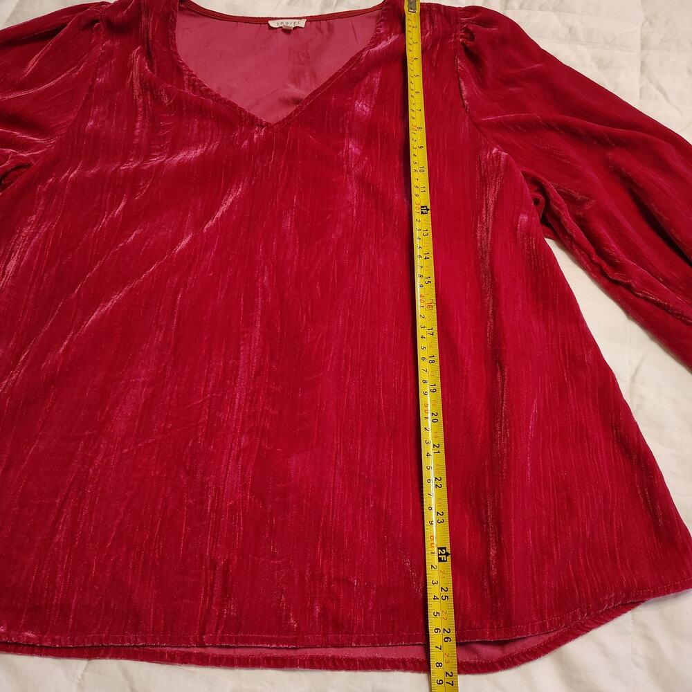 Jodifl Velvet Blouse XL Hot Pink V Neck Puff Sleeve Shimmer Party Top - Picture 6 of 10
